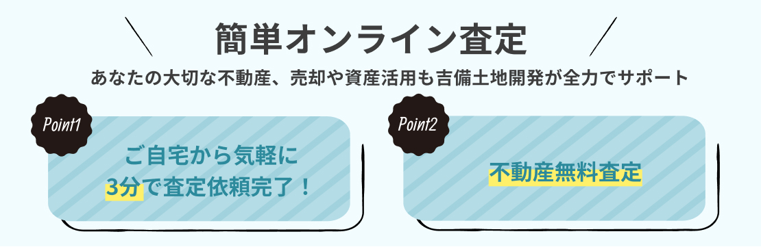 簡単オンライン査定　ご自宅から気軽に3分で査定依頼完了！　不動産無料査定　あなたの大切な不動産　売却や資産活用も吉備土地開発が全力でサポート　